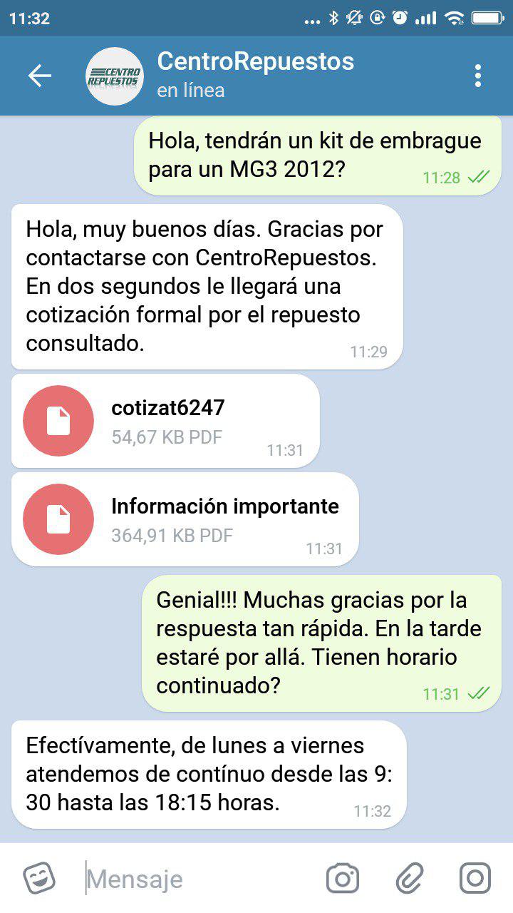 Ejemplo de una conversación vía Telegram